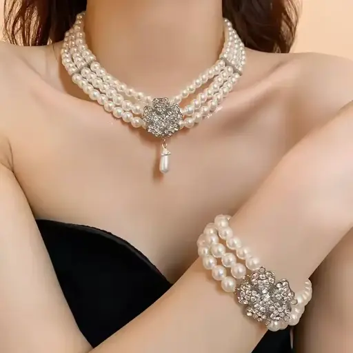 Flower Party Necklaces Women French Luxury Imitation Pearl Multi-layer Necklaces Bracelet Earrings Shiny Rhinestone Jewelry Sets